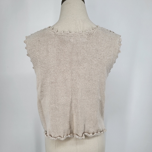 Vintage Hand Knit Floral Vest Tan Linen Cotton Boho Small - Picture 2 of 7
